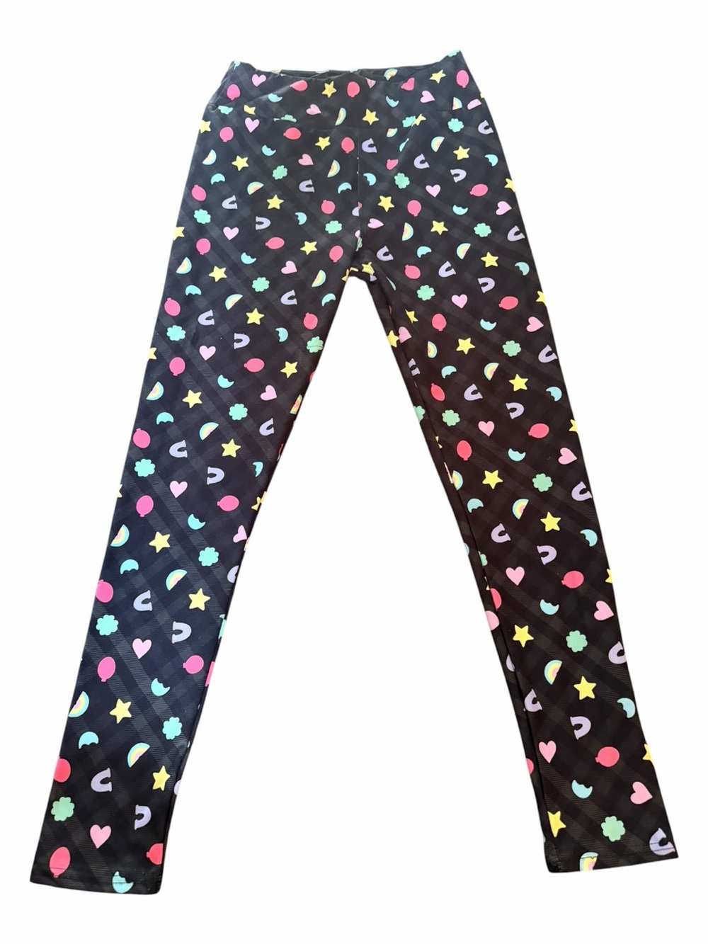 Amelia Rose One Size Super Soft Leggings Black Plaid Rainbow Hearts Stars - Picture 2 of 6